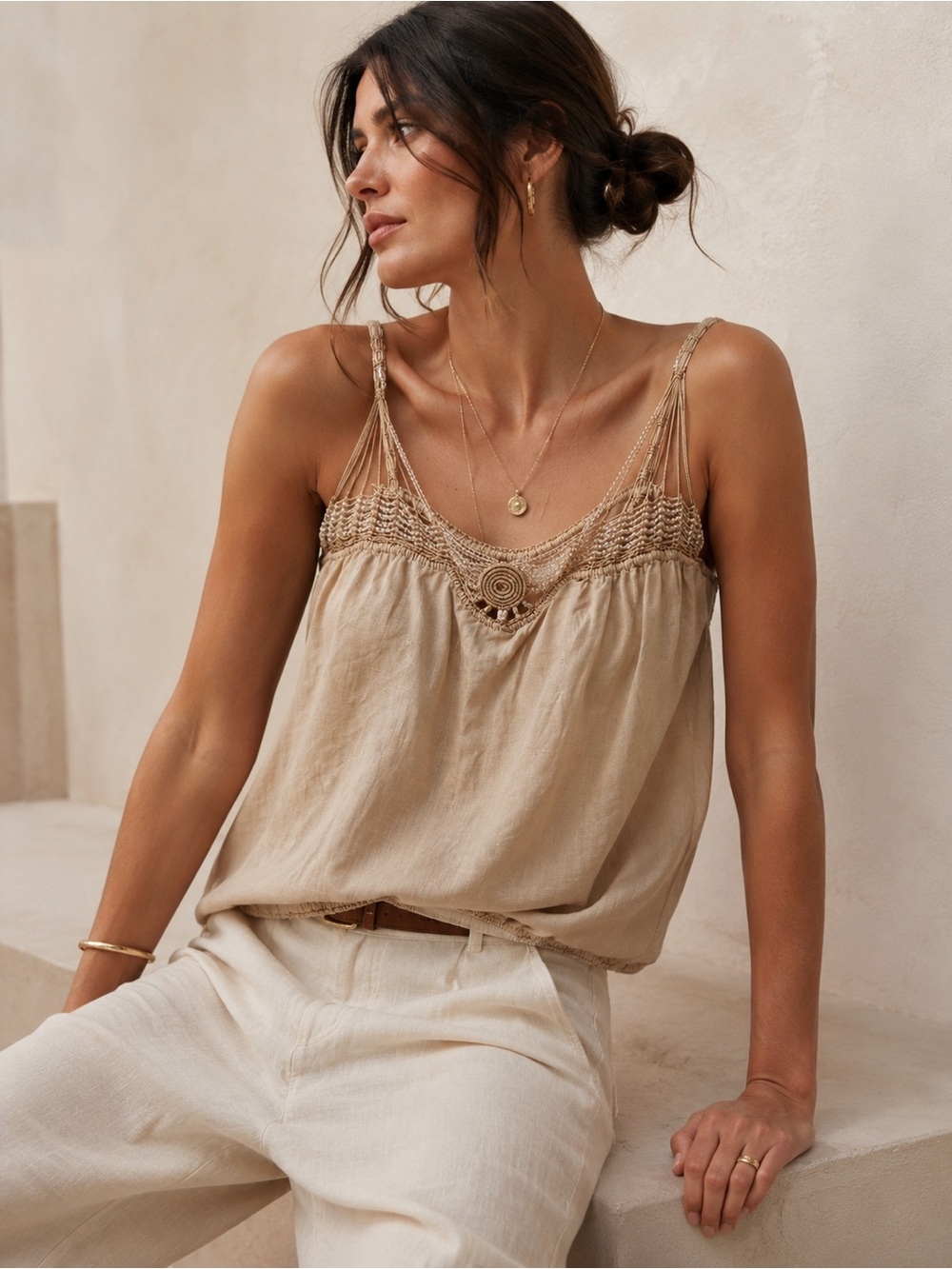 Tristan Beige Crochet-Trim Linen Camisole